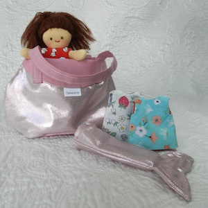 Little mermaid doll, three reversible dresses, mermaid outfit, matching handbag, auburn hair, ideal gift for a child's party image 1