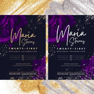 21st Purple Black Gold or SILVER Birthday Invitation | INSTANT DOWNLOAD | Milestone 18 21 30 40 50 60 70 Birthday | twenty-first Canva