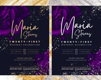 21st Purple Black Gold or SILVER Birthday Invitation | INSTANT DOWNLOAD | Milestone 18 21 30 40 50 60 70 Birthday | twenty-first Canva