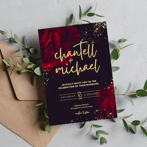 HOCHZEIT Einladung Gold Schwarz Rot | Rote Rosen Hochzeit einladen | Rot und Goldglitzerhochzeit | SOFORTIGER DOWNLOAD | Canva Vorlage | #025