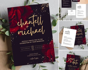 Wedding Invitation Stationery Bundle Gold Black Red | Red Roses wedding invite | glitter wedding | INSTANT DOWNLOAD | Canva Template | #025