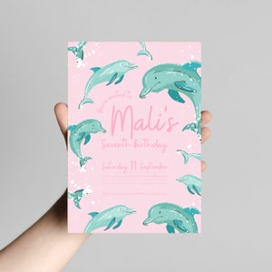 Pink Dolphin Birthday Invitation | INSTANT DOWNLOAD | 1 2 3 4 5 6 7 8 9 10 11 12 Birthday | ocean sea birthday invite | Canva Template | #34