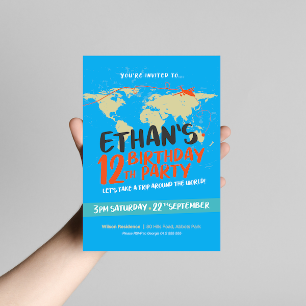 Travel World Map Birthday Invitation | Around the World Invite | Bon Voyage Invitation | Canva Template | Digital Download | #003