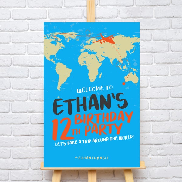 Travel World Map Birthday Welcome Sign | Around the World Invite | Bon Voyage Invitation | Canva Template | Digital Download | #003