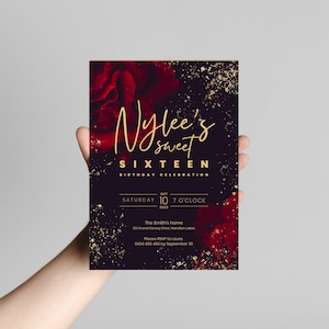 16th sweet sixteen Red Black and Gold silver Birthday Invitation | INSTANT DOWNLOAD | sixteenth girl invite editable | Canva Template | 025