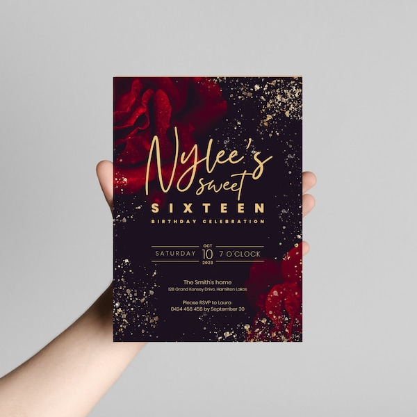 16th sweet sixteen Red Black and Gold silver Birthday Invitation | INSTANT DOWNLOAD | sixteenth girl invite editable | Canva Template | 025