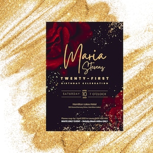 21st Red Black and Gold Birthday Invitation |  | INSTANT DOWNLOAD | Milestone | twenty-first birthday invite editable | Canva Template | 025