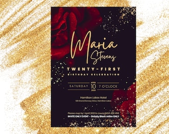 Invito di compleanno 21° rosso nero e oro / / DOWNLOAD IMMEDIATO / Pietra miliare / invito per il ventunesimo compleanno modificabile / Modello Canva / 025