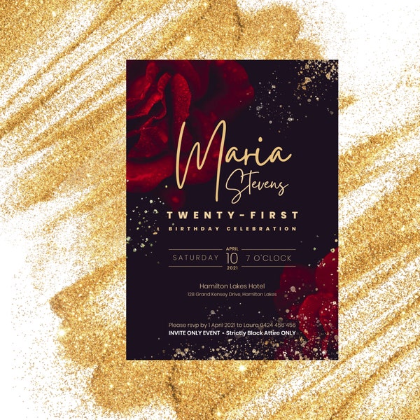 21st Red Black and Gold Birthday Invitation |  | INSTANT DOWNLOAD | Milestone | twenty-first birthday invite editable | Canva Template | 025