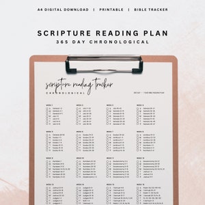May include: A printable Bible reading tracker with a checklist for a 365-day chronological reading plan. The tracker is divided into weeks and days of the week, with scripture references listed for each day.
