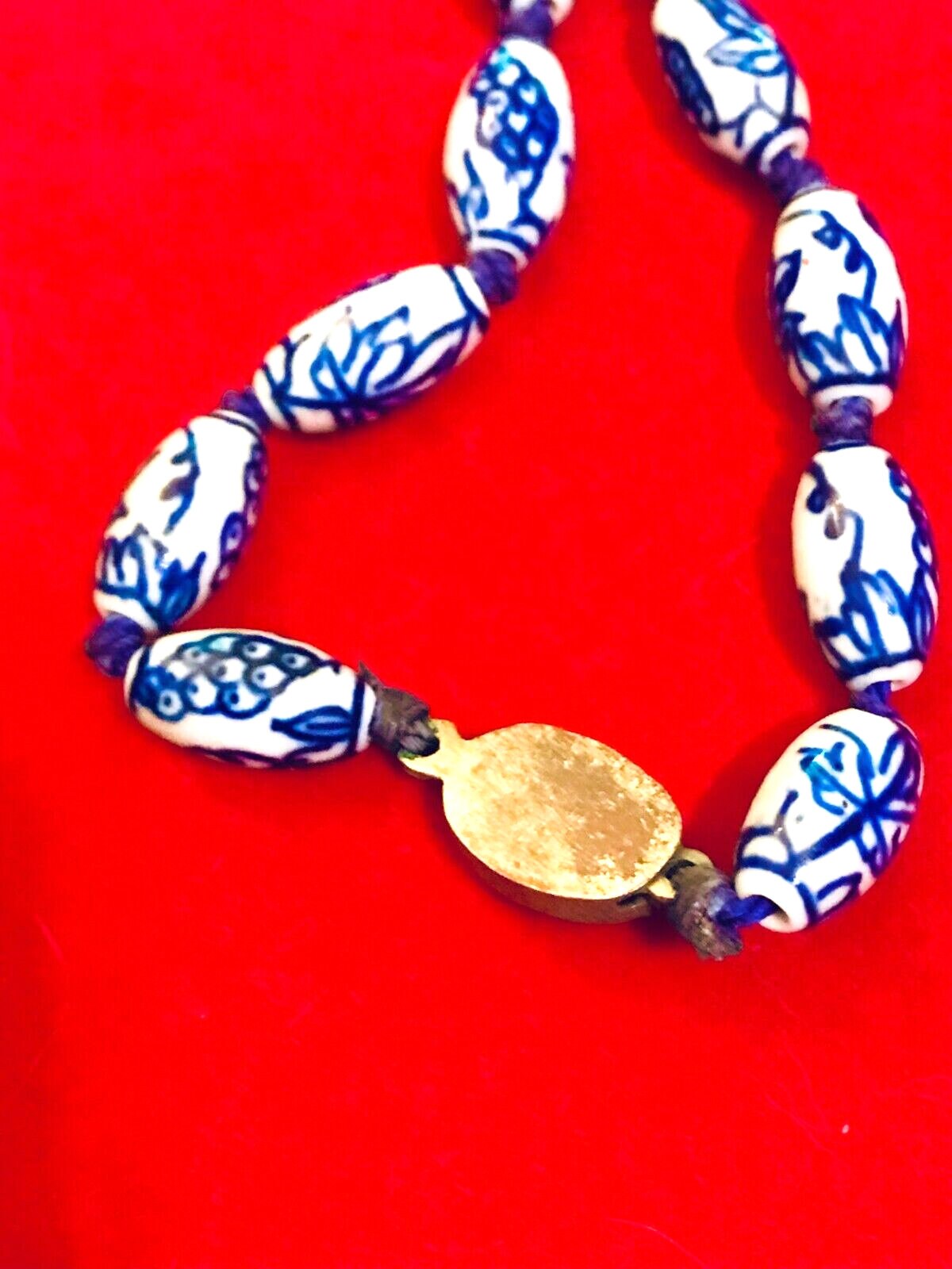 Blue porcelain china pendant necklace kumihimo copper Vintage Ceramic Necklace Chinese Hand Painted & Hand Knotted Blue White Orange main image 2