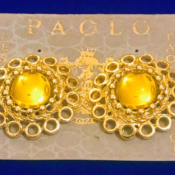 Vintage PAOLO GUCCI Yellow Cabochon Gold Tone Large Clip on Earrings