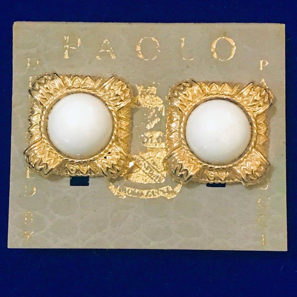 Vintage PAOLO GUCCI White and Gold Tone Large Clip On Earrings