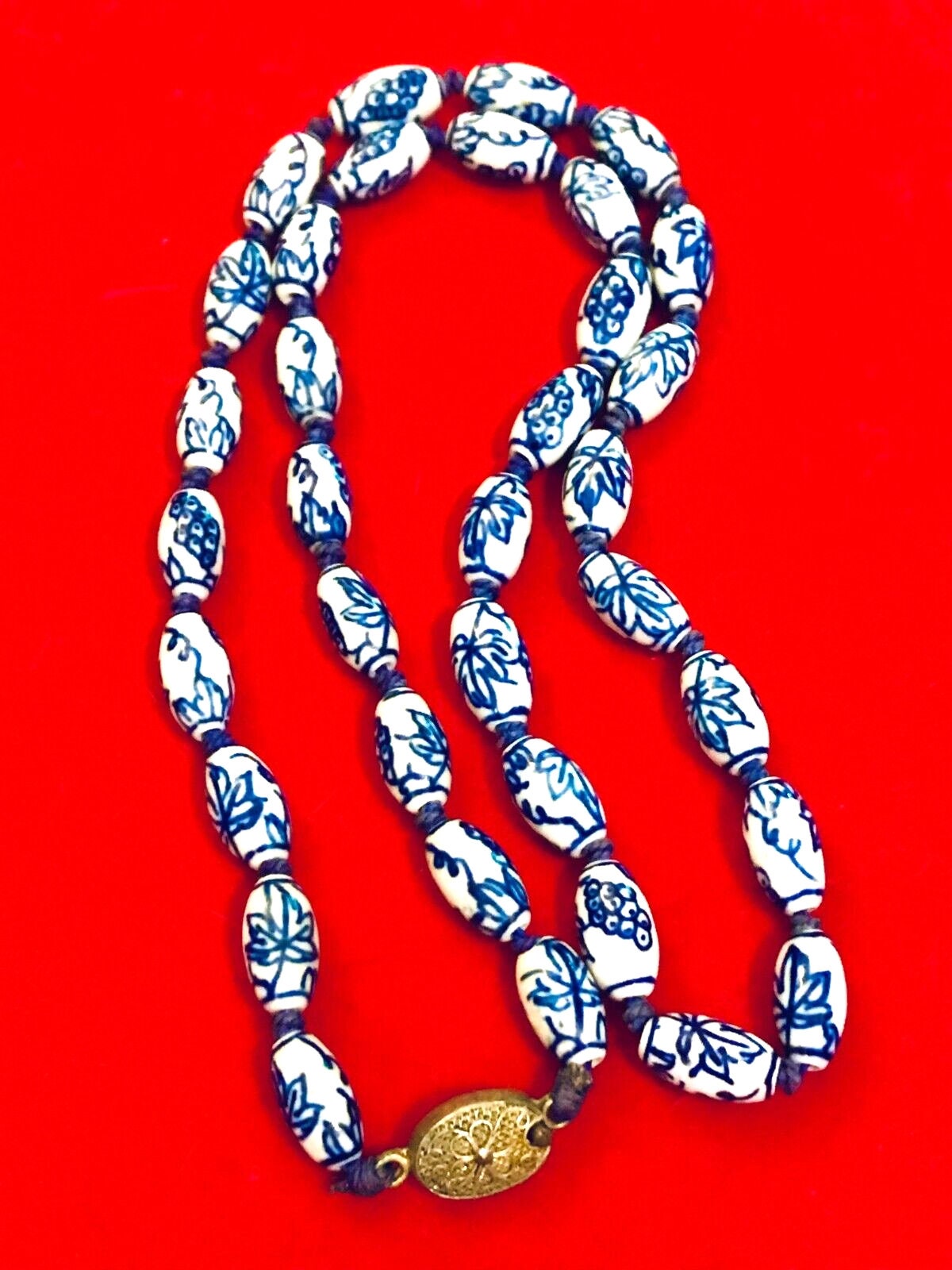 Blue porcelain china pendant necklace kumihimo copper Vintage Ceramic Necklace Chinese Hand Painted & Hand Knotted Blue White Orange main image 1