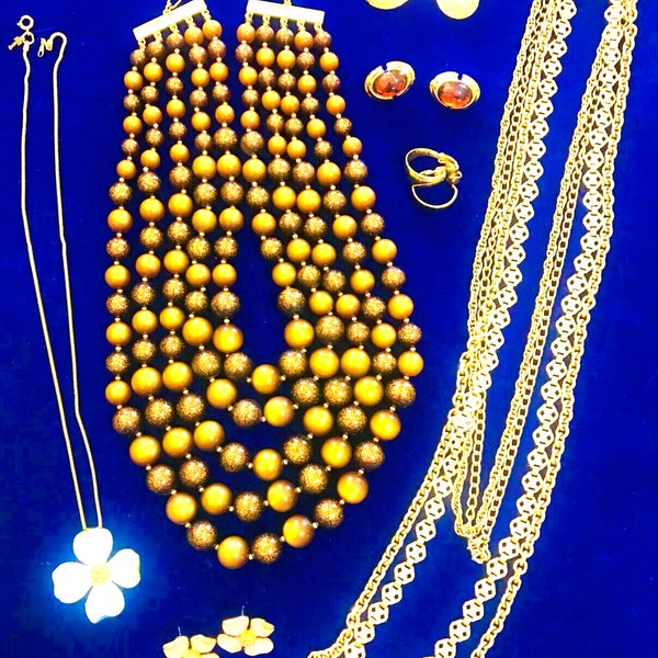 Crown Trifari Gold tone Necklace Dogwood Rhinestone Amber Brooch Gold Earrings Signed