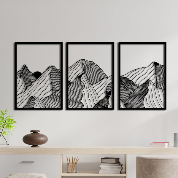 Set of 3 Mountain Metal Wall Art, Metal Wall Art, Large Mountain Wall Art, Natura Mountain Wall Decor, Above Bed Decor, Bedroom Wall Decor