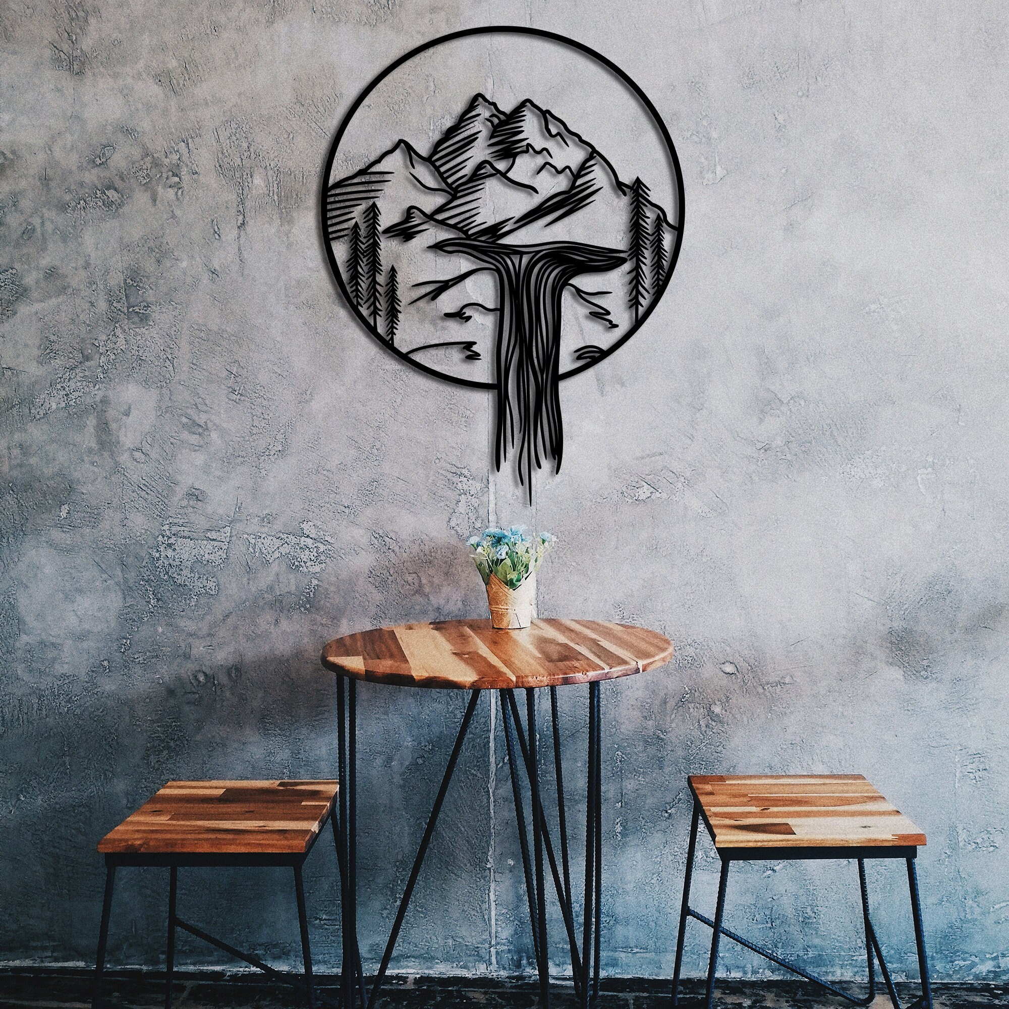 Metal Mountain Waterfall Wall Art Nature Wall Decor Mountain Etsy