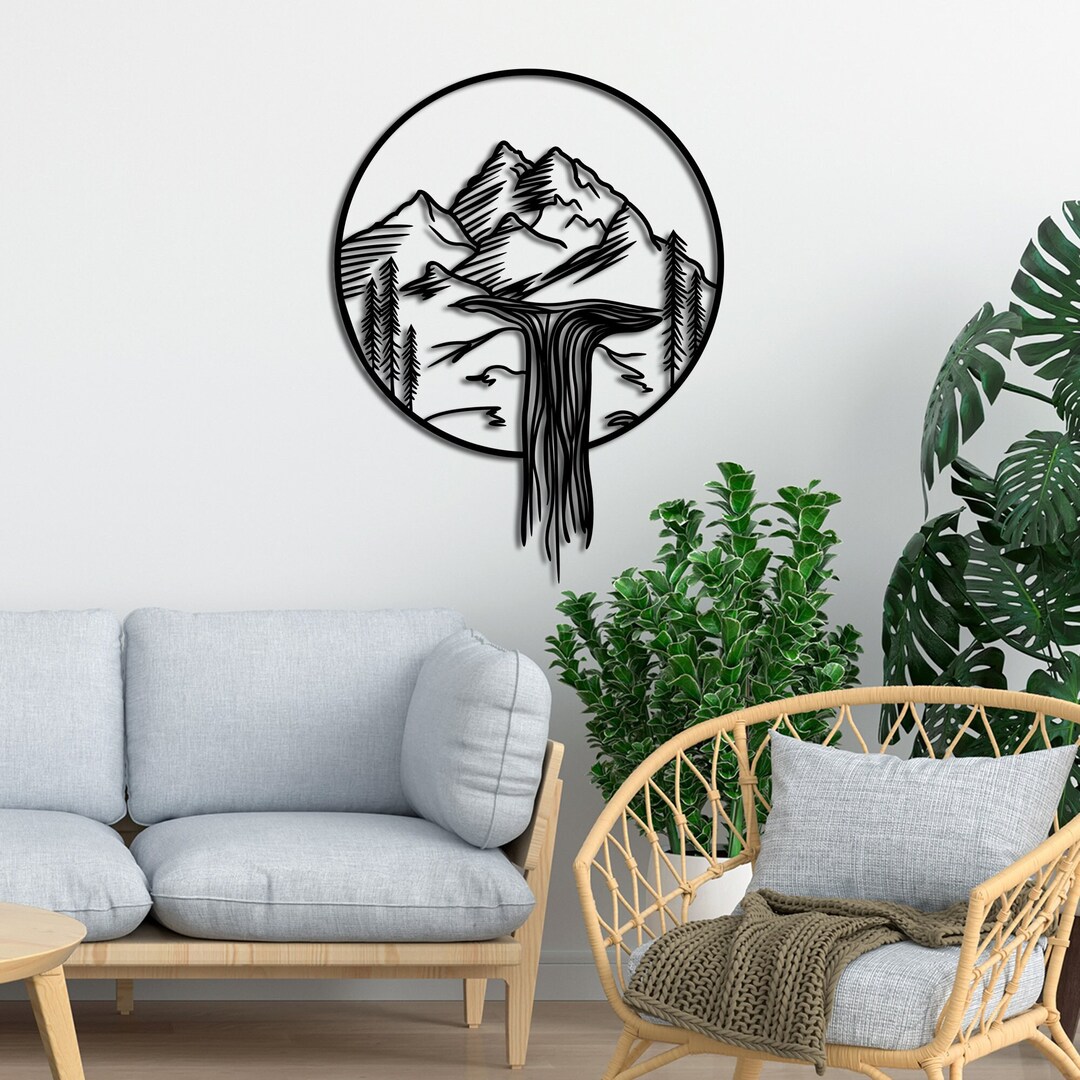 Metal Mountain Waterfall Wall Art, Nature Wall Decor, Mountain Wall Art, Living Room Wall Art