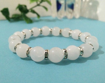White Jade Beaded Bracelet - 8mm Stone and Elastic Bracelet