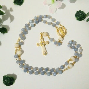 Handmade Aquamarine and Quartz Rosary - Elegant Beaded Catholic Prayer Rosary