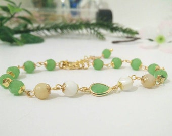 Nucarnival Inspired Olivine Stone and Crystal Bracelet - 21.2cm Brass Copper Mother-Of-Pearl Stone and Crystal Chain Bracelet