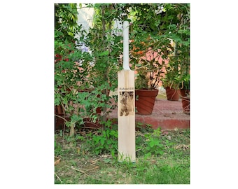 May include: A wooden cricket bat with a white handle and a brown, engraved image of a cricket player. The bat is standing upright on a grassy surface.