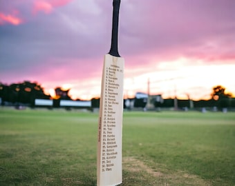 May include: A wooden cricket bat with a list of names engraved on it. The bat is standing upright on a green grassy field with a pink and orange sunset in the background.