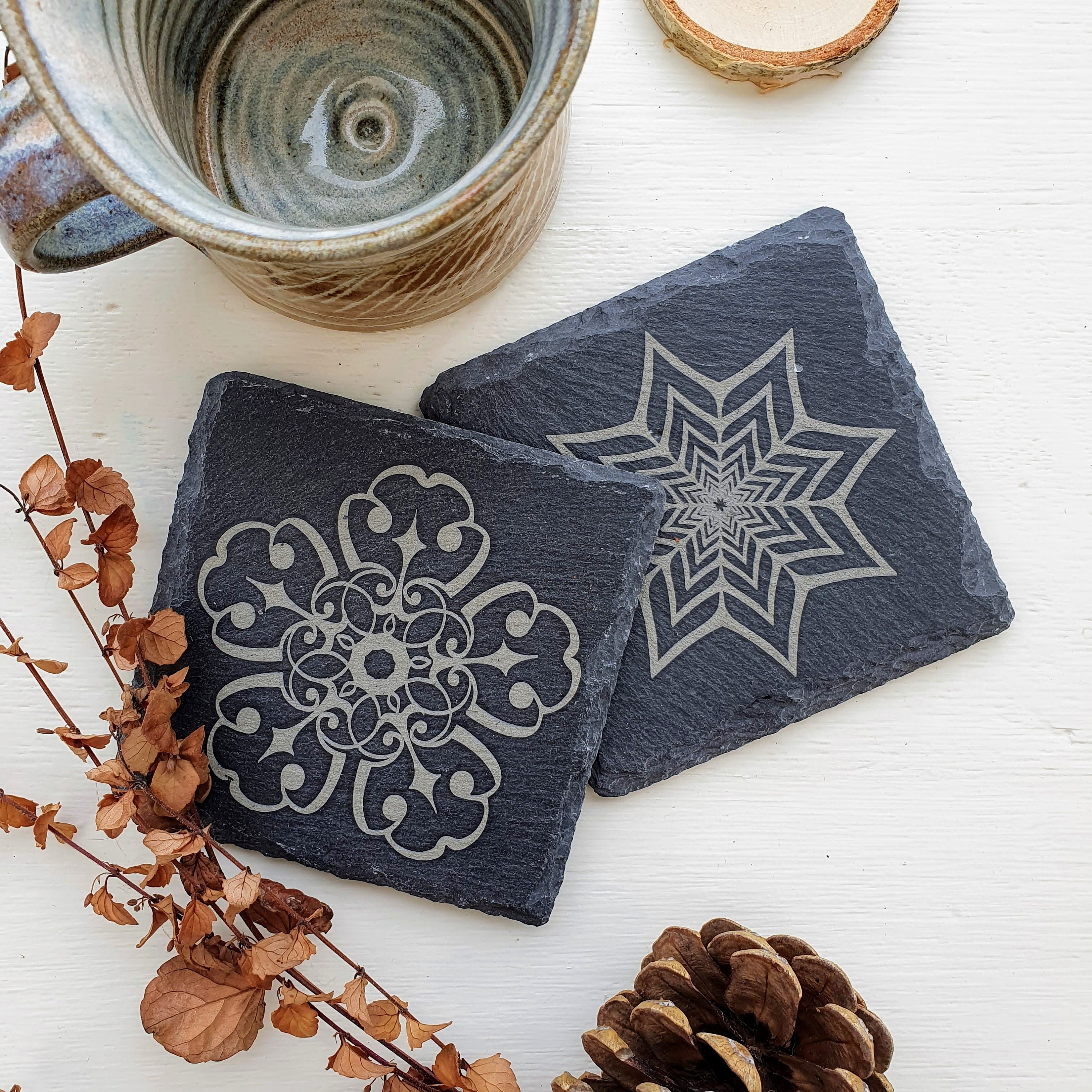 PATTERN coasters Set of two Slate coasters Hand engraved Etsy