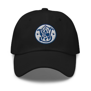 Puede incluir: Gorra de béisbol negra con visera curva. La gorra presenta un parche bordado circular con un logotipo blanco y azul. El logotipo es un diseño estilizado con las letras "S" y "W" entrelazadas.