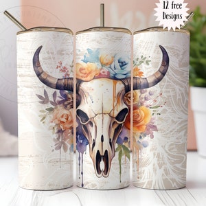 Boho Western Skull,  20 oz Straight Skinny Tumbler Wrap, Digital Download, PNG, Tumbler Wrap Sublimation, Western Tumbler PNG