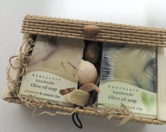 Gift for your beloved ones- Wooden and Bamboo box with 2 Hand made Olive Oil soaps. Natural clay. Organc Olive oil,Essential oils.