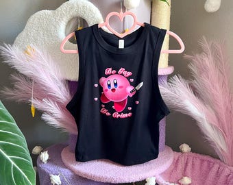 Kirby Be Gay Do Crime Y2K Kawaii Black Crop Top Funny Gamer Pride LGBTQ Fan Art