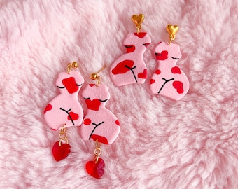 Kawaii Cow Print Deity Polymer Clay Earrings Pink and Red Hearts