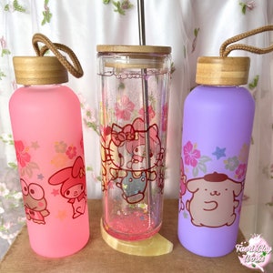 Kitty and Friends Kawaii Flowers Glass Water Bottle 16oz Glass Shaker 20oz Cute Cup