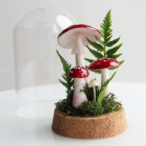 Amanita Mushroom Glass Dome: Polymer Clay Toadstool Figurine