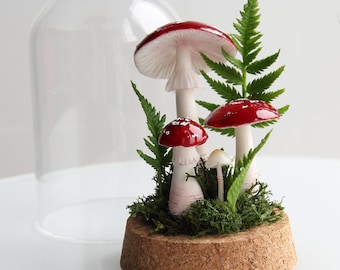 Amanita Mushroom Glass Dome: Polymer Clay Toadstool Figurine