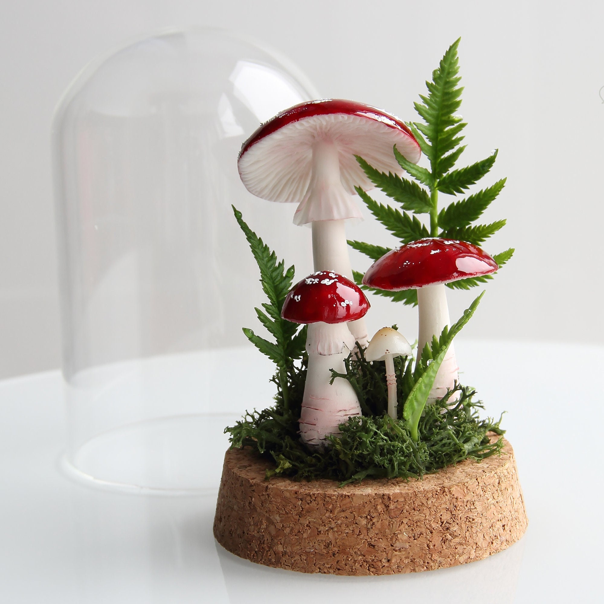 Amanita Mushroom Glass Dome: Polymer Clay Toadstool Figurine