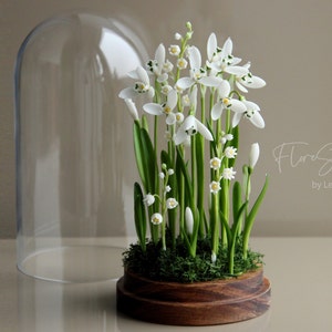 Snowdrops and lily of the valley in glass dome, Porcelain flowers, rustic floral arrangement, botanical table centerpiece, nature inspired