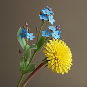 Dandelion forget me not, Cold porcelain flowers, Botanical sculpture, Artificial Dandelion