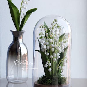 Clay Lily of the valley in glass dome, Porcelain flowers, rustic floral arrangement, botanical table centerpiece, nature inspired