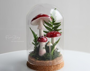 【保障できる】 Mushrooms in Toadstool Cute Centerpiece, Amanita Dome. Glass ライト・ランタン
