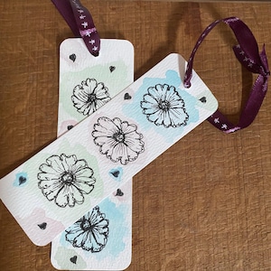 Hand Painted Watercolor Floral Bookmarks with Ribbon - Set of 2