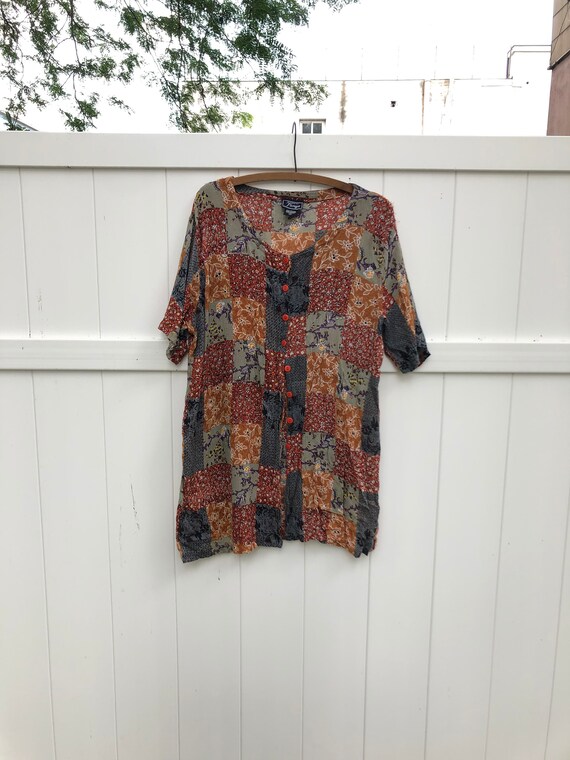 Fun "Patchwork" Mixed Print Button Up Tee Designs… - image 4