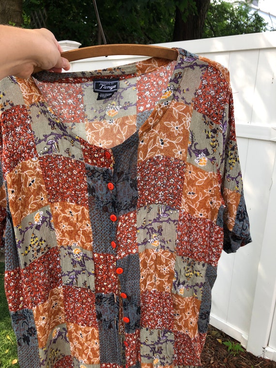 Fun "Patchwork" Mixed Print Button Up Tee Designs… - image 8