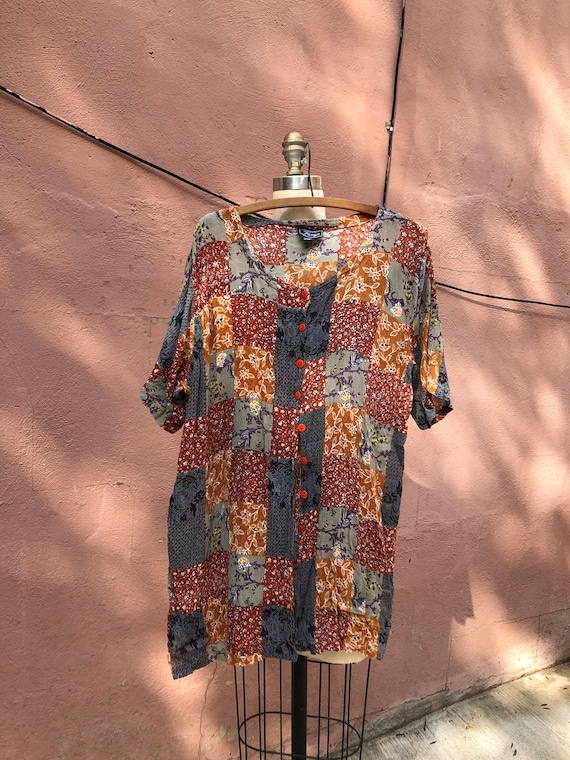 Fun "Patchwork" Mixed Print Button Up Tee Designs… - image 3