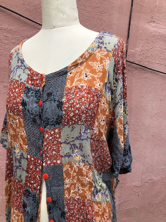 Fun "Patchwork" Mixed Print Button Up Tee Designs… - image 2