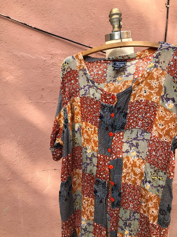 Fun "Patchwork" Mixed Print Button Up Tee Designs… - image 9