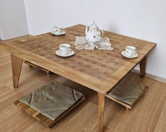 OAK Wood Low Coffee Table , Square Engraved Oak Low Dining Table , Japanese Table with Floor Chair Set , Chabudai Table , Wood Low Tea Desk