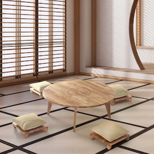 Wood Floor Table , Engraved Low Table , Chabudai With Chairs , Oak Coffee Table, Small Coffee Table, Floor Seating Set, Engineered Low Table