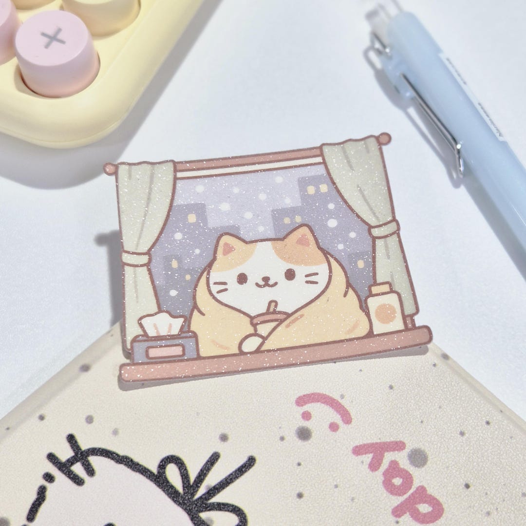 Cozy Cat Winter Sticker Kawaii Glitter Vinyl Sticker Cute Cat Sticker ...